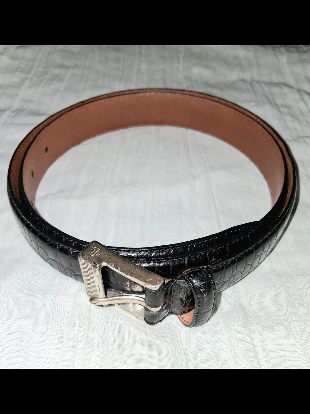 Lauren Ralph Lauren Black Croc-Embossed Leather Belt with Silver Buckle